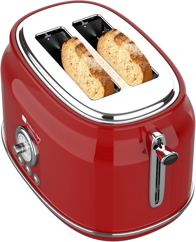 Frigidaire ETO102-WHITE 2 Slice Toaster Retro Style Wide Slot for Bread English Muffins Croissants and Bagels 5 Adjustable Toast Settings Cancel and Defrost 900w Red