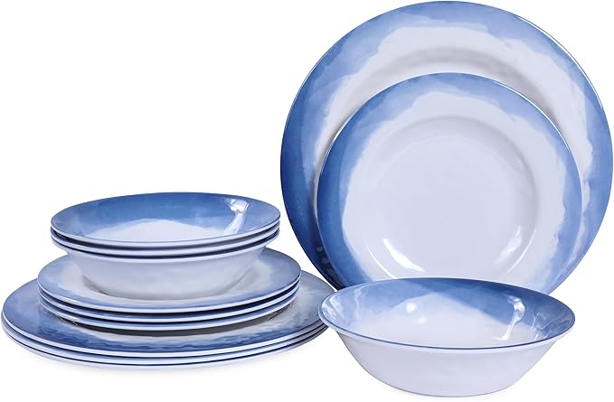 Melamine Dinnerware Sets- 12pcs Melamine Plates and Bowls Set for 4 Suitable for Indoor and Outdoor Use Blue