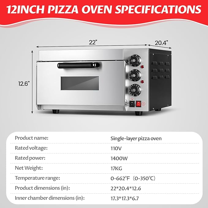Commercial Pizza Oven 16 Inch Countertop Electric Pizza Oven with Pizza Stone Max Temperature Up to 662°F Stainless Steel Fast Baking Pizza Maker 1400W Energy Efficient Easy to Clean