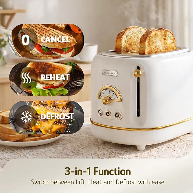 Hazel Quinn 2-Slice Retro Toaster 6 Browning Levels 3 Functions-Defrost/Reheat/Cancel Removable Crumb Tray for Easy to Clean 1.5 Inches Extra Wide Slots - Pearl White