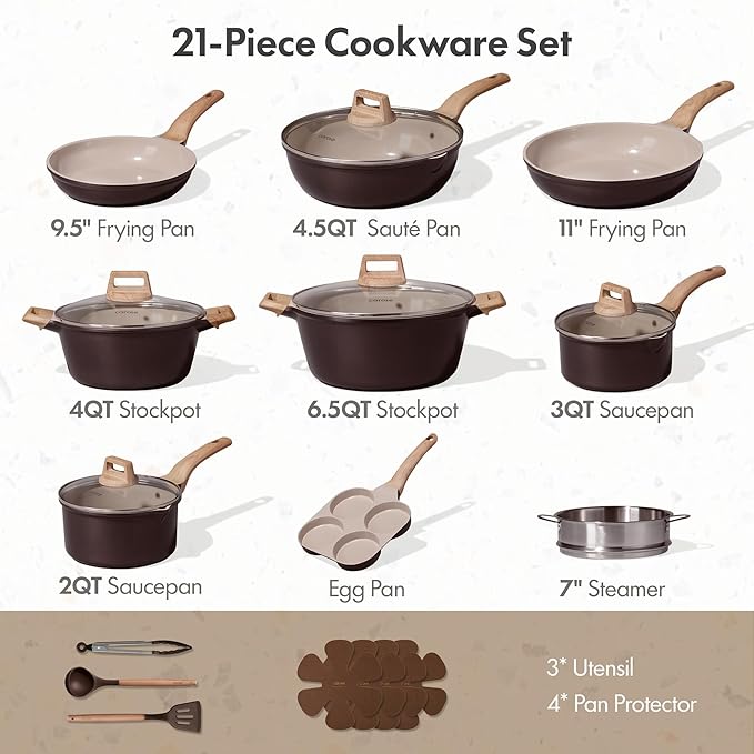 CAROTE 21 PCS Ceramic Cookware Set Pots and Pans Set Non Stick Pot and Pan Set with Frying Pan Induction Ready Cooking Set for Kitchen PFOS/PFOA/PFAS Free Brown