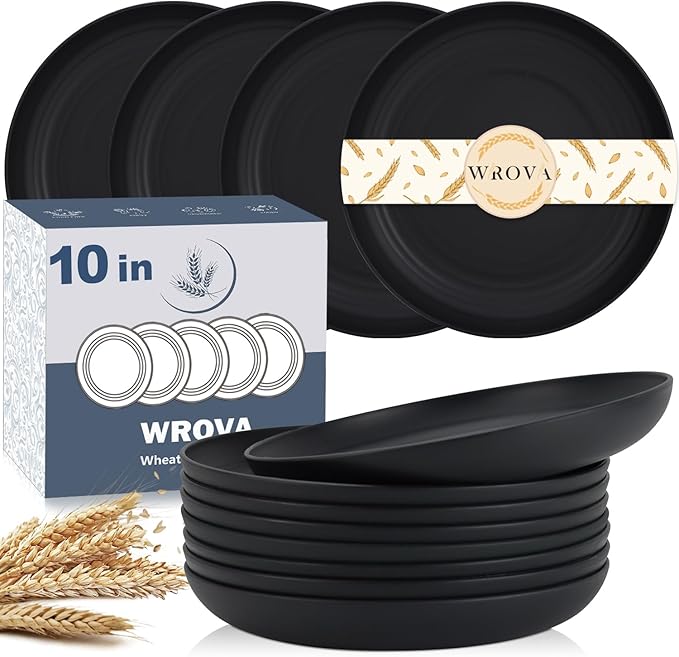 Wrova wheat straw bowls and 10inches plates bundle with cups - unbreakable dinnerware sets of 22 - Black series