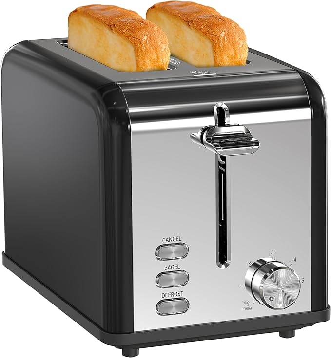 Simple Deluxe 2-Slice Toaster 6 Browning Setting and 3 Function Stainless Steel Toaster Extra Wide Slot &amp Removable Crumb Tray for Bread &amp Waffle Black