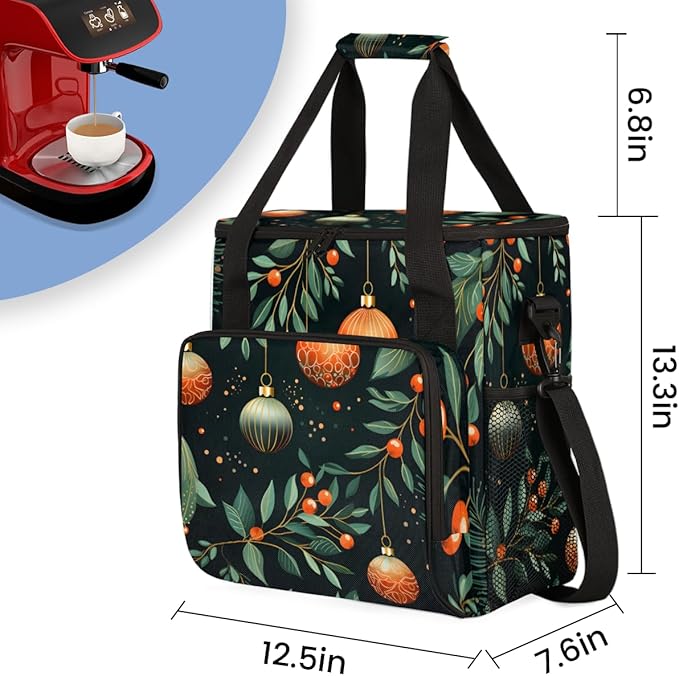 Xmas Leaves Coffee Maker Carrying Bag Christmas Ball Travel Storage Bag Compatible with K-Mini or K-Mini Plus Single Serve Coffee Brewer Carrying Case with Multiple Pockets &amp Shoulder Strap