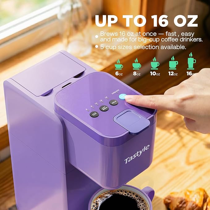 Single Serve Coffee Maker Hot and Iced with Bold Brew Small Coffee Machine for K Cup and Ground Fits 7.3'' Travel Mug Brews up to 16 Oz 5 Cup Sizes Compact for Office RV&amp Hotel Lavender