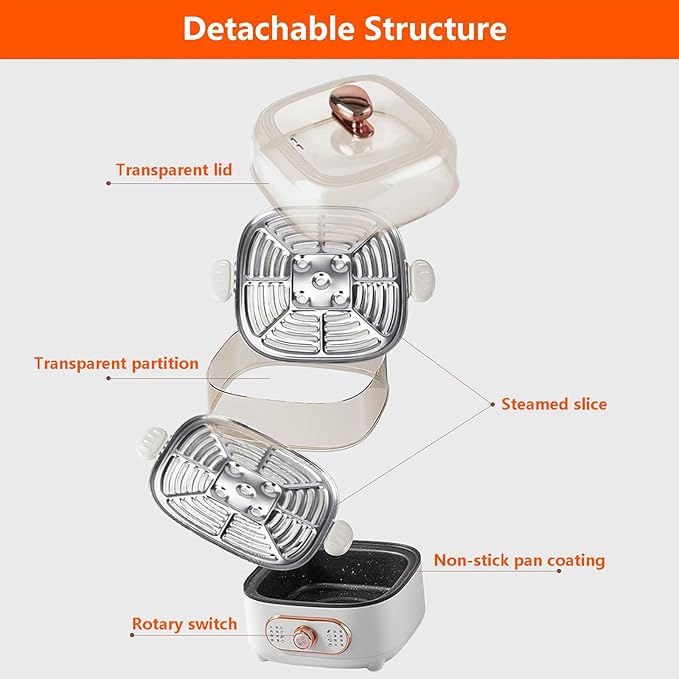 2-in-1 Electric Rice Cookers + Hotpot (With 3 Spice Plates) Double Layer Hot Food Warming Plate with Rotary Switch - One-Key Steaming 2.5l Bottom Pot + 4L Steam Tray