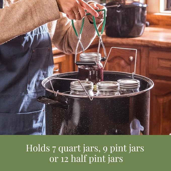 Granite Ware 21.5 Qt Heavy Gauge - 9 Piece water bath canning pot (Speckled Black) with canning toolset rack and preserving kettle.