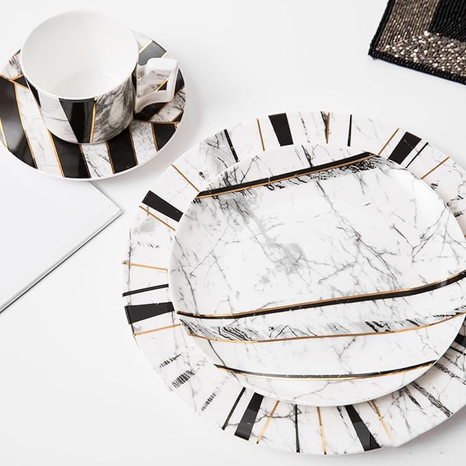 European Style Dinnerware Set Service for 6 Bone China Dinnerware Sets Unbreakable Porcelain Dinner Sets Coffee Cup and Saucer Tableware Set Steak Dinner Plates Dish Set Marbling-04