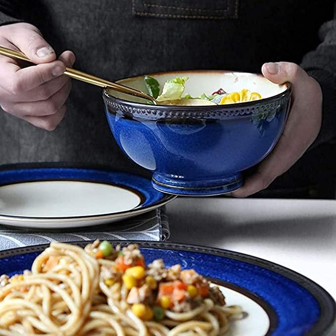 Ceramic Dinner Plate SetsFine 4 Piece Dinnerware Set Durable Vintage Design in Cobalt Blue and Gold Rim Plates Bowls Coffee Cups Service for 1