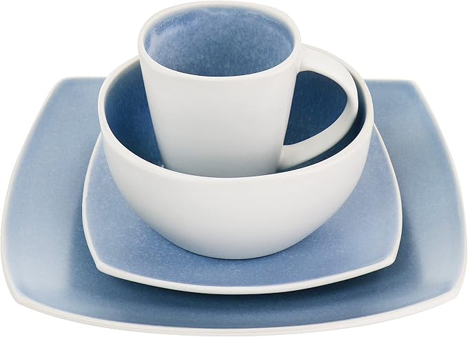Unknown1 16 Piece Soho Lounge Reactive Glaze Stoneware Dinnerware Set in Light Blue Solid Casual Square Microwave Safe Medium