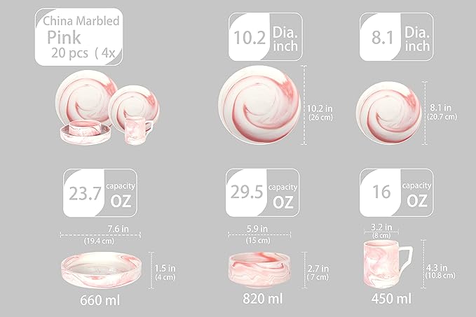 Fine China Artisan Marbled 20pc Dinner Set Pink