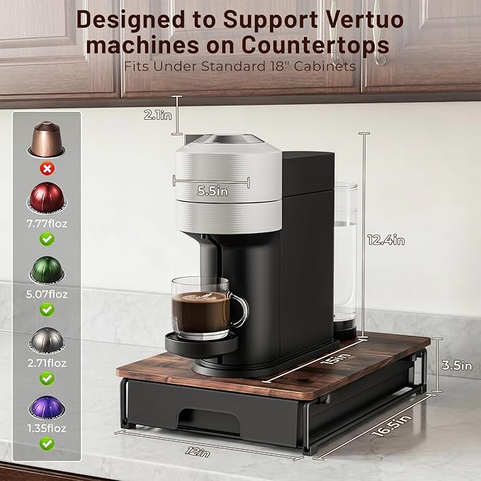 EVERIE Wooden Coffee Pod Storage Drawer for Nespresso VertuoLine Capsules Large Capacity Countertop Coffee Station Organizer Rustic Brown
