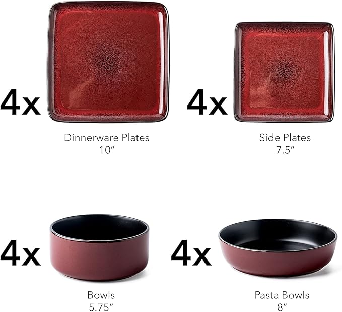FLACKAR Square Stoneware 16pc Double Bowl Dinnerware Set for 4 Dinner Plates Side Plates Cereal Bowls Pasta Bowls - Reactive Glaze Red (480349)