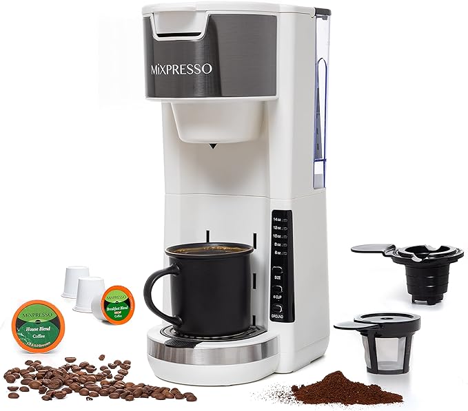 Mixpresso White Single Serve Coffee Brewer K-Cup Pods Compatible &amp Ground 30 oz Compact Coffee Maker Single Serve With 5 Brew Sizes Up To 14 Oz Fits Travel Mug Adjustable Drip Tray