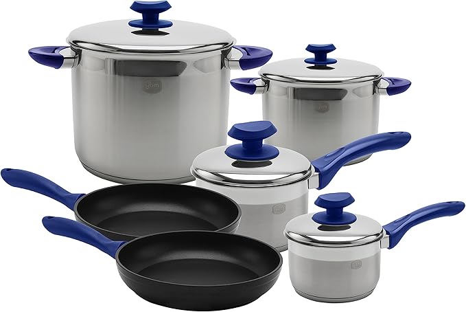 YBM Home Stainless Steel Pots and Pans Set + Aluminum Frying Pan Professional Leading 10 Piece Cookware Set with Bakelite Handle Terrific Mirror Silver Induction Compatible - Blue