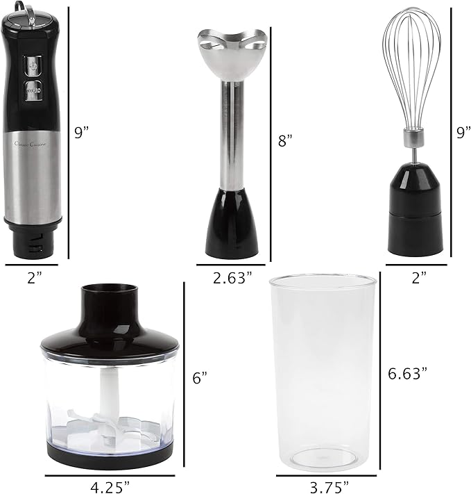 6-Speed Immersion Blender - 4-in-1 Hand Mixer with Whisk Food Processor Cup and 32oz Beaker for Soup Smoothies and More by Classic Cuisine (Black)
