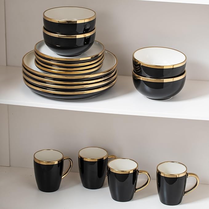 Stoneware Tableware Set for 4 Ceramic Dinnerware Sets with Gold Trim Including 10.5 Dinner Plates 7.75 Dessert Plates 6 Dinner Plates and 14oz Coffee Cups Porcelain (Black Glod)