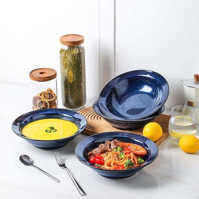 vicrays 10-Piece Dinnerware Set - Includes Wide Rim Soup BowlsDinner Plates- Microwave Oven Dishwasher Safe Porcelain Fluted for Home Party Restaurant Use - Blue
