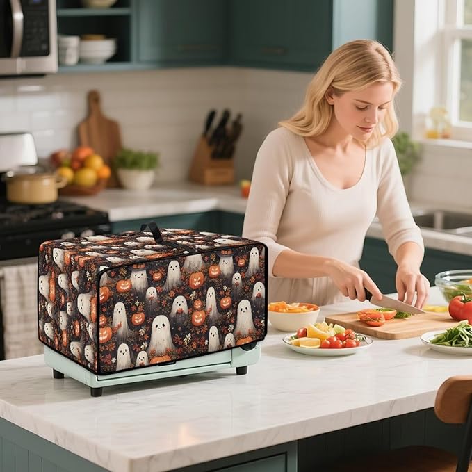 Halloween Ghost Toaster Oven Cover Wide Slots Toaster Cover Small Appliance Covers Dust and Fingerprint Protection Machine Washable Oil-Proof Bread Maker Covers-1