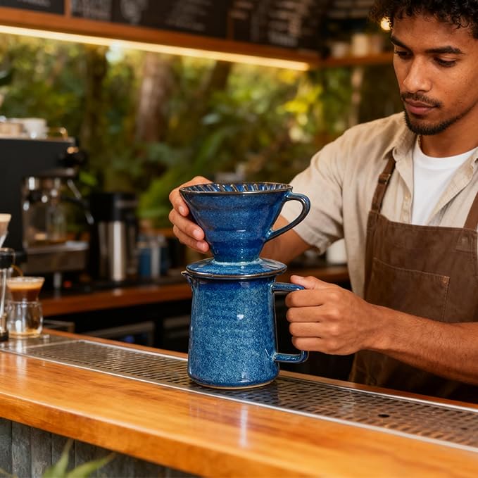 Ceramic Pour Over Coffee Maker Set Starry Blue Coffee Dripper Cone with 40 Filters 14 Ounces/400ml Pot