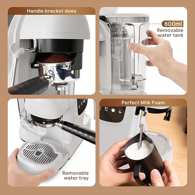 20 Bar Espresso Machine with Grinder &amp Steam Wand - Semi Automatic Coffee Maker NTC Intelligent Temp Control 58mm Stainless Steel Portafilter One-Touch Panel for Home Barista (Removable Water T