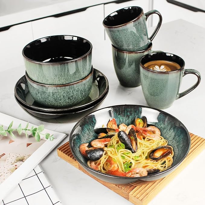 Dinnerware Sets(12Pcs) Serves for 4 Reactive Glaze Plates and Bowls Set with Mug8.3Salad Plates5.5bowls Modern kitchen tableware Microwave safe Set No.8
