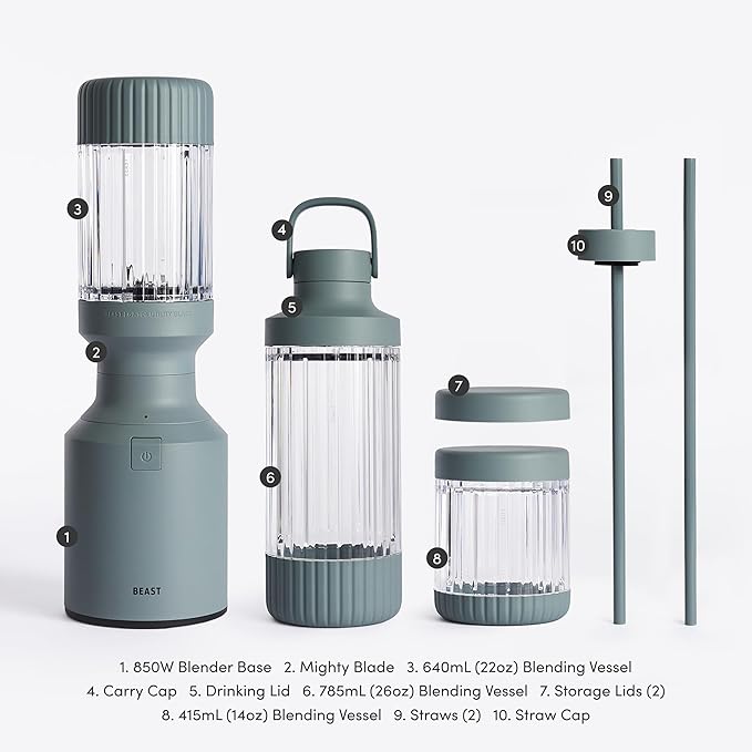 Beast Mighty 850 Plus | Premium Compact Personal Blender | Smoothies Shakes Dressings Sauces | Blends Ice and Frozen Fruit | New XL Vessel | Extra Vessels Lids and Straws | 850W (Mist)