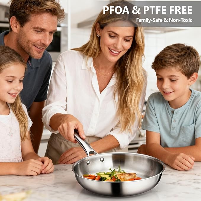 Bonnlo 3 Pieces Cookware Set 3-Ply Stainless Steel Skillets Set Non-Toxic Kitchen Set Oven &amp Dishwasher Safe Induction Cooking Set PFOA &amp PTFE Free Compatible for All Cooktops