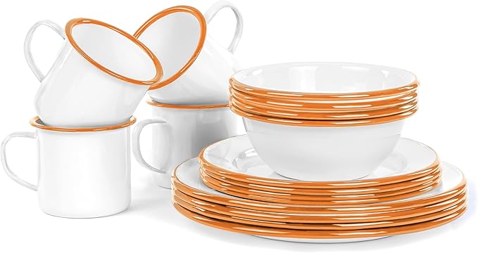 Red Co. 16-Piece Enamelware Metal Dinnerware Set for 4 Solid White/Orange Rim