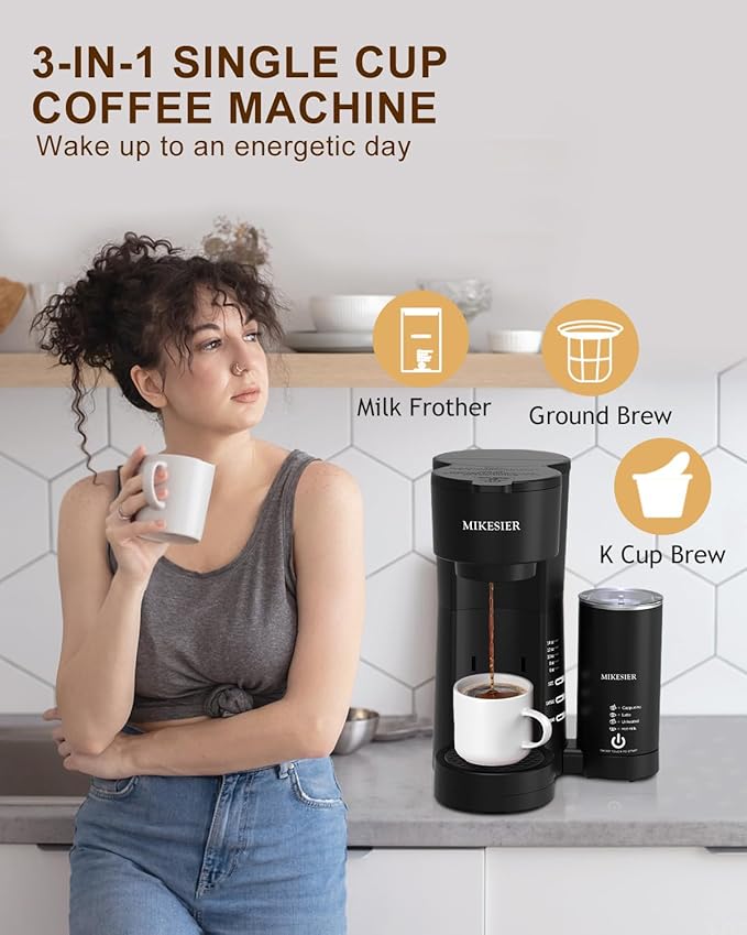 3IN1 Single Serve Coffee Maker with Milk Frother Small Coffee Machine for K Cup &amp Ground 6-14oz Brew Size 28oz Water Tank Adjustable Drip Tray