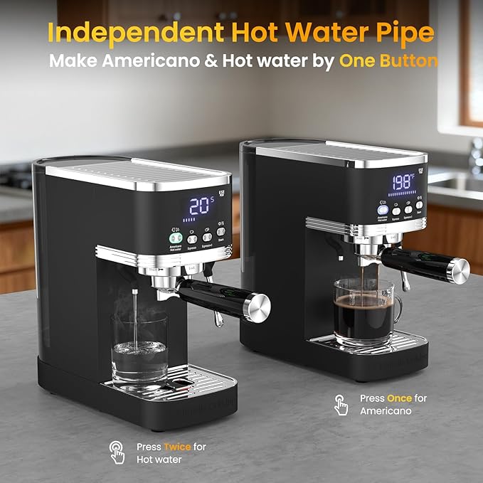 Espresso Machine 20 Bar Temperature Time LED Display Espresso Maker with Adjustable Extraction Temperature Stainless Steel Coffee Machine with Powerful Steam Wand for Cappuccino LatteBlack