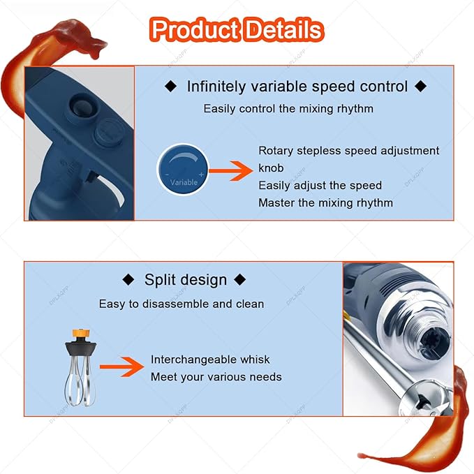 Commercial Handheld Blender with Stepless Speed3-Layer Stainless Steel Bladesfor EmulsifyPureeBakingCookingwith Whiskfor RestaurantKitchenCatering 500W-50cm