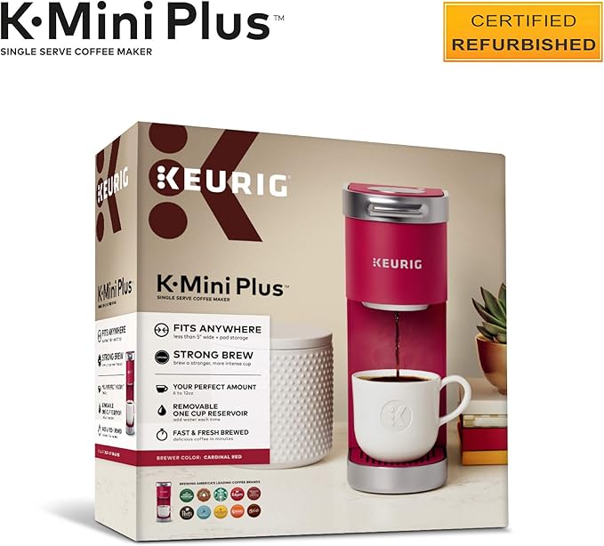Keurig K-Mini Plus Coffee Maker Certified Refurbished Cardinal Red (Renewed)
