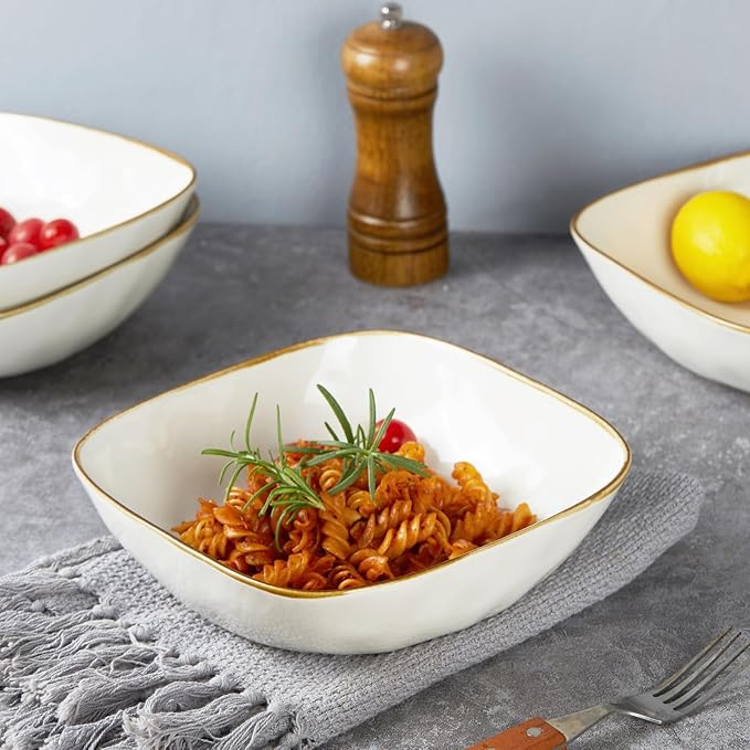 Famiware Ocean Square Plates and Bowls Sets for Kitchen 16-Piece Dinnerware Sets for 4 Microwave and Dishwasher Safe Vanilla White