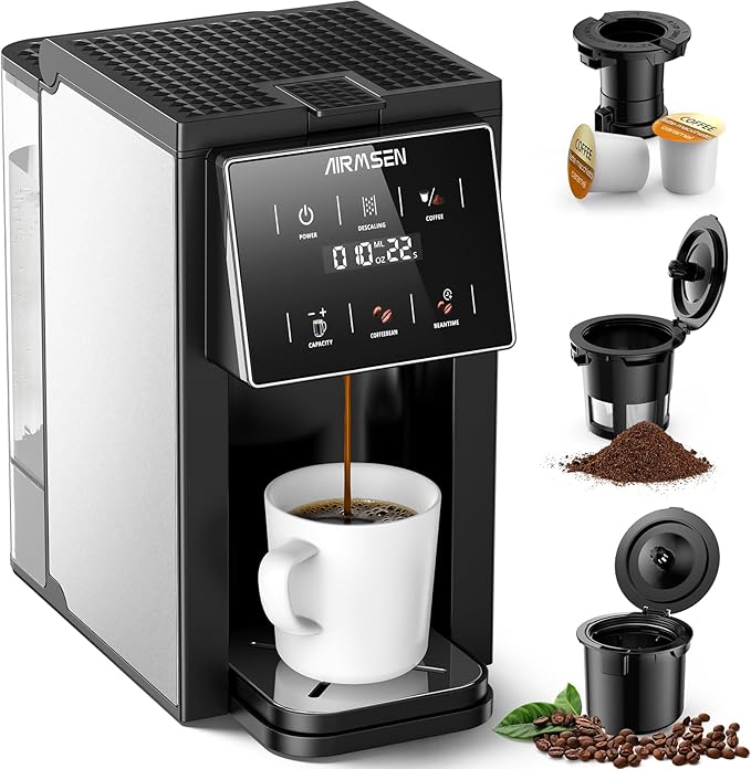 AIRMSEN Grind &amp Brew Coffee Maker with Built-in Grinder (2026 Model) - Single-Serve Compatible with K-Cup Pods &amp Ground 1000W Fast 6-14oz Brewer Descaling Alert Touchscreen &amp 50oz Remo