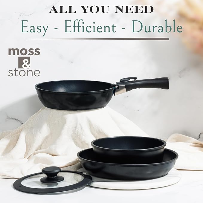 Moss &amp Stone 10pcs Black Pots and Pans Set Non Stick Cookware Sets Detachable Handle RV Kitchen Set Removable Handle Oven Safe Induction Ready Stackable Non-stick Set Camping Cookware Set