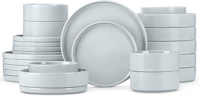 Herogo Stoneware Dinnerware Set with Salad Bowls 24 Piece Kitchen Dinner Dish Set for 6 Plates and Cereal Pasta Bowls Chip &amp Scratch Resistant Dishware Speckled Light Gray
