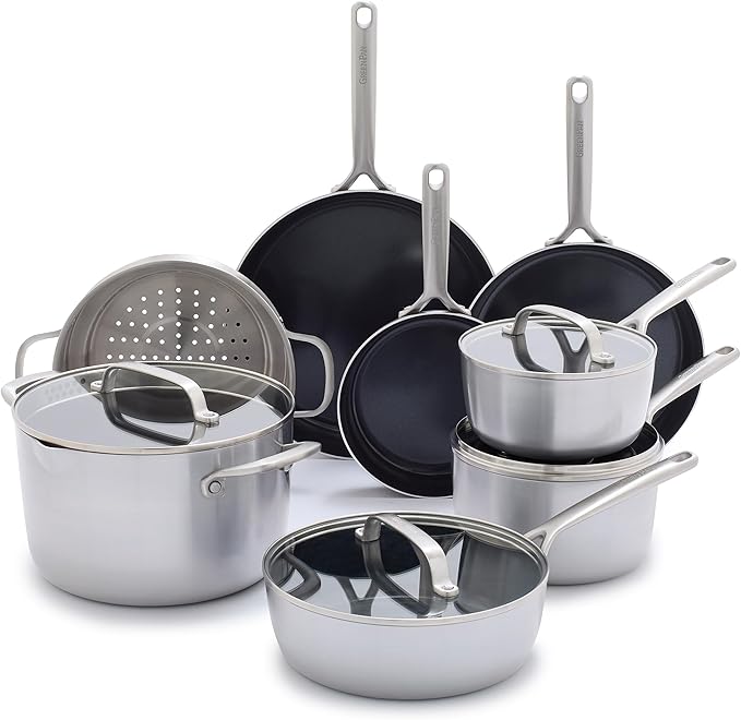 GreenPan GP5 Vista 5-Ply Stainless Steel 12 Piece Cookware Pots &amp Pans Set Healthy Ceramic Nonstick PFAS-Free Induction Frying Pans Sauté Saucepans Stock Pot Glass Lids Dishwasher &amp Ov