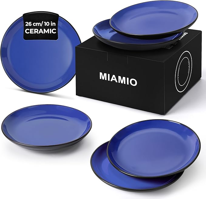 MIAMIO – 6 x Plate/Dinner Plate Set Stoneware Ceramic Tableware Set - Le Papillon Collection (Blue 10 Inch)