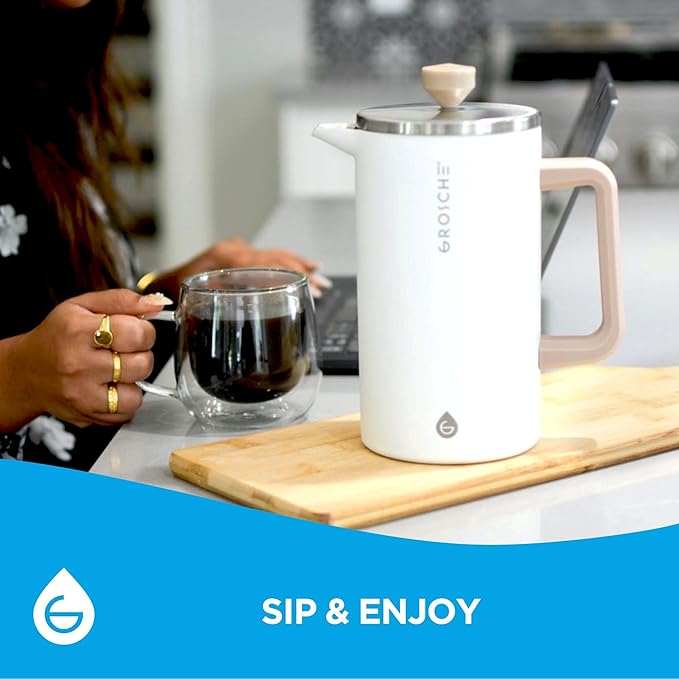 GROSCHE Dub'lin Stainless Steel Coffee Maker French Press 8 Cup | 34 FL Oz Coffee Press 18/8 Double Walled Stainless Steel French Press Coffee Maker - Hot/Cold Brew | Stainless French Press - WHITE