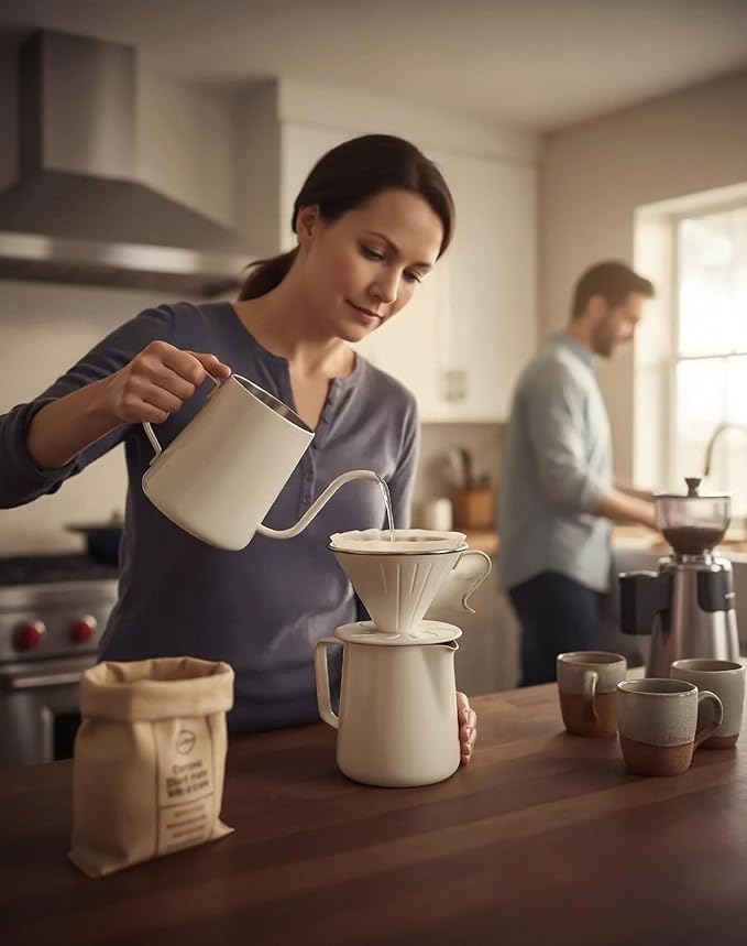 AGOGO Portable Pour Over Coffee Maker V60 Set - Easy Cleaning Compact 304 Stainless Steel Dripper for Camping &amp 50 Filters Paper &amp Barista Towel- Cream-20oz/600ml