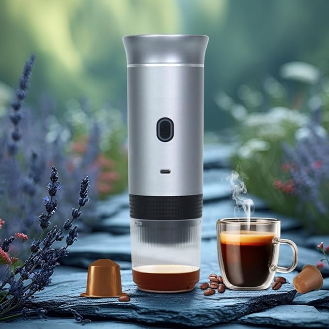 Portable Espresso Machine Wireless Electric 3-in-1 Coffee Maker with Self-Heating 20Bar Compatible with Large/Small Capsules &amp Ground Coffee Ideal for Camping Office Travel (Silver)