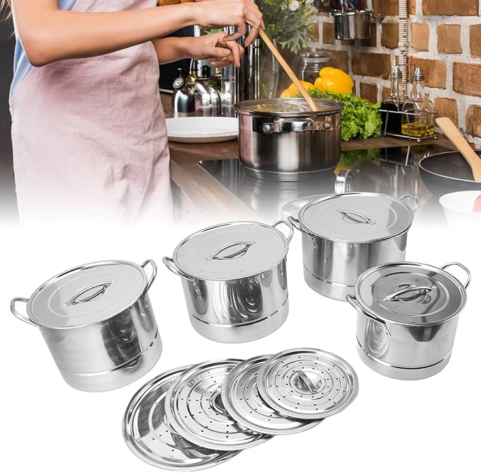 Stainless Steel Kitchen Pots and Pans Set of 4 Kitchen Cooking Cookware Set with 8 Lids Induction Heatproof Soup Pot Saucepan Stackable Design Space Saving Dishwasher