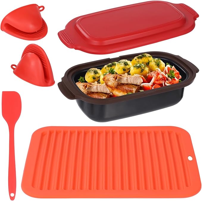 Microwave Cookware Set Red Silicone Grill Pan 9.3 X 4.7 X 3.1 in with Anti-Scalding Mat Spatula and Clips Microwave Safe
