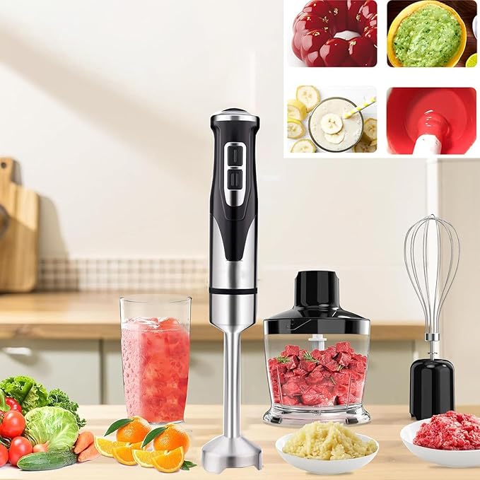 Powerful Hand Blender Handheld Immersion Blender Kit with Immersion Chopper Beaker and Whisk Precise Speed Control and 304 Stainless Steel Bar for Making Purees Soups Smoothies