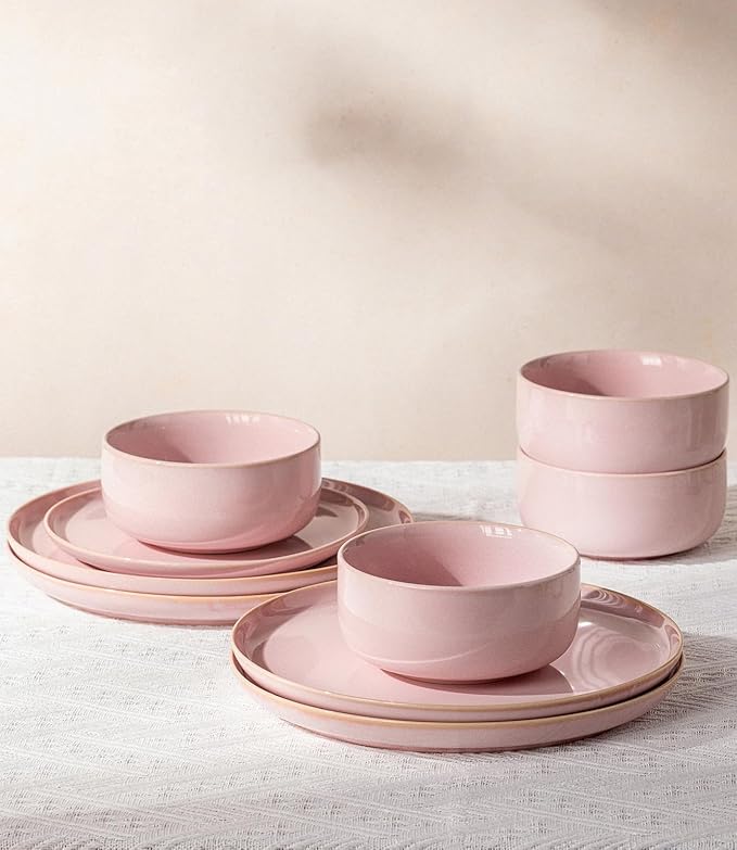 TheTerra Ceramic Dinnerware Sets for 4 12 Pieces Handmade Reactive Glaze Plates and Bowls Set Scratch Resistant Dish Set Oven &amp Microwave &amp Dishwasher Safe Sakura Pink