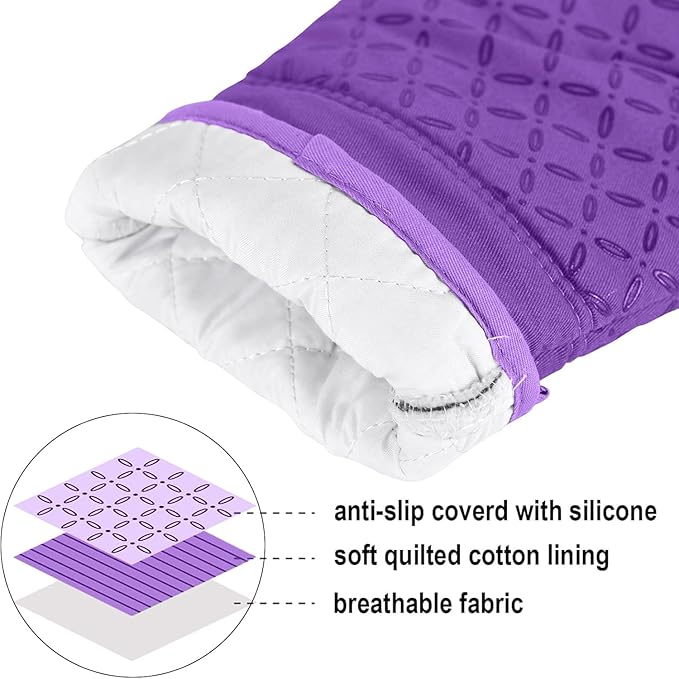 KEGOUU Oven Mitts and Pot Holders 6pcs Set Kitchen Oven Glove High Heat Resistant 500 Degree Extra Long Oven Mitts and Potholder with Non-Slip Silicone Surface for Cooking (Purple)