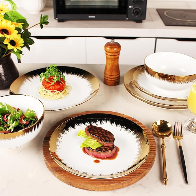 Dinnerware Sets(12Pcs) Serves for 4 Modern Dinnerware Gilded Edge Plates and Bowls Set with 8.3Small Plate 10.2dinner Plate 6.1Soup bowl apply Indoor Outdoor (Gilded set)