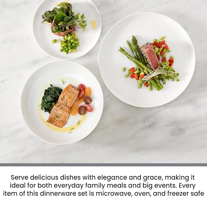 BLUENIYA 12 Piece Bone China Dinnerware Set - White Lightweight Chip &amp Break Resistant Dish Set for 4 - Modern Round Plates &amp Bowls Microwave &amp Dishwasher Safe for Everyday &amp Specia