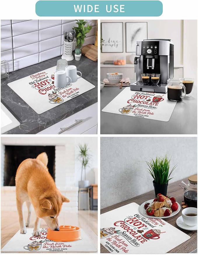 Coffee Mat for Counter Christmas Hot Cocoa Absorbent Hide Stain Coffee Bar Mat Non-slip Coffee Bar Accessories Kitchen Drying Mat Fit Under Coffee Maker Espresso Machine